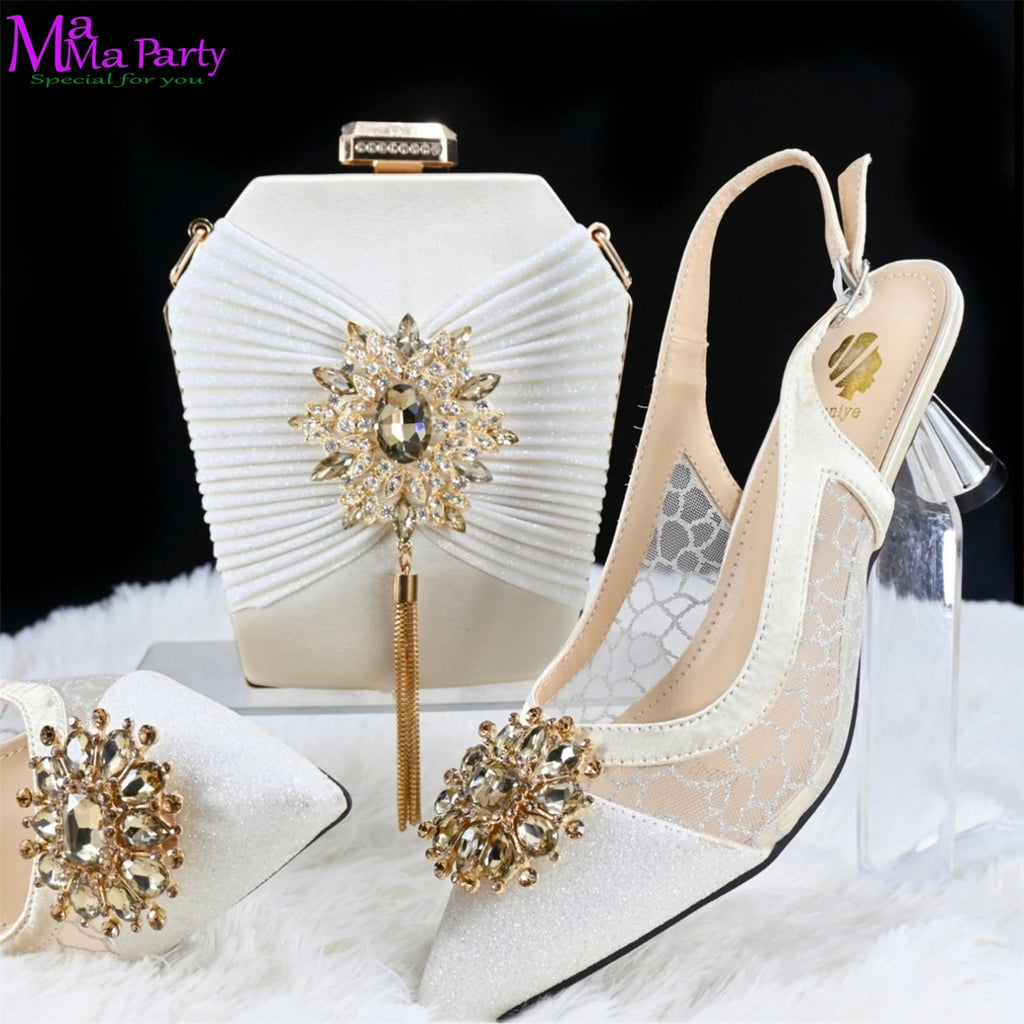 2025 Winter New Arrivals Low Heels in Coffee Italian Women Shoes and Bag Set Elegant Ladies Pointed Toe Pumps for Wedding Party