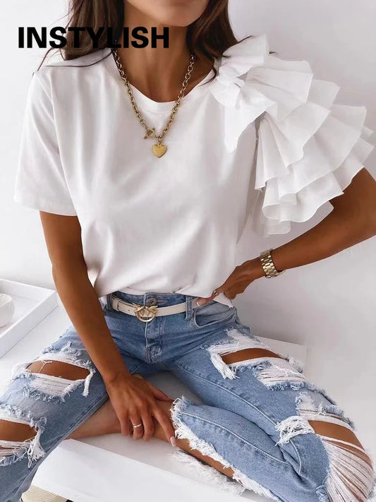Women Summer Ruffles Short Sleeve Loose T Shirt Chic Elegant Solid O Neck Tops Casual Simple All Match Tee Streetwear Blouse