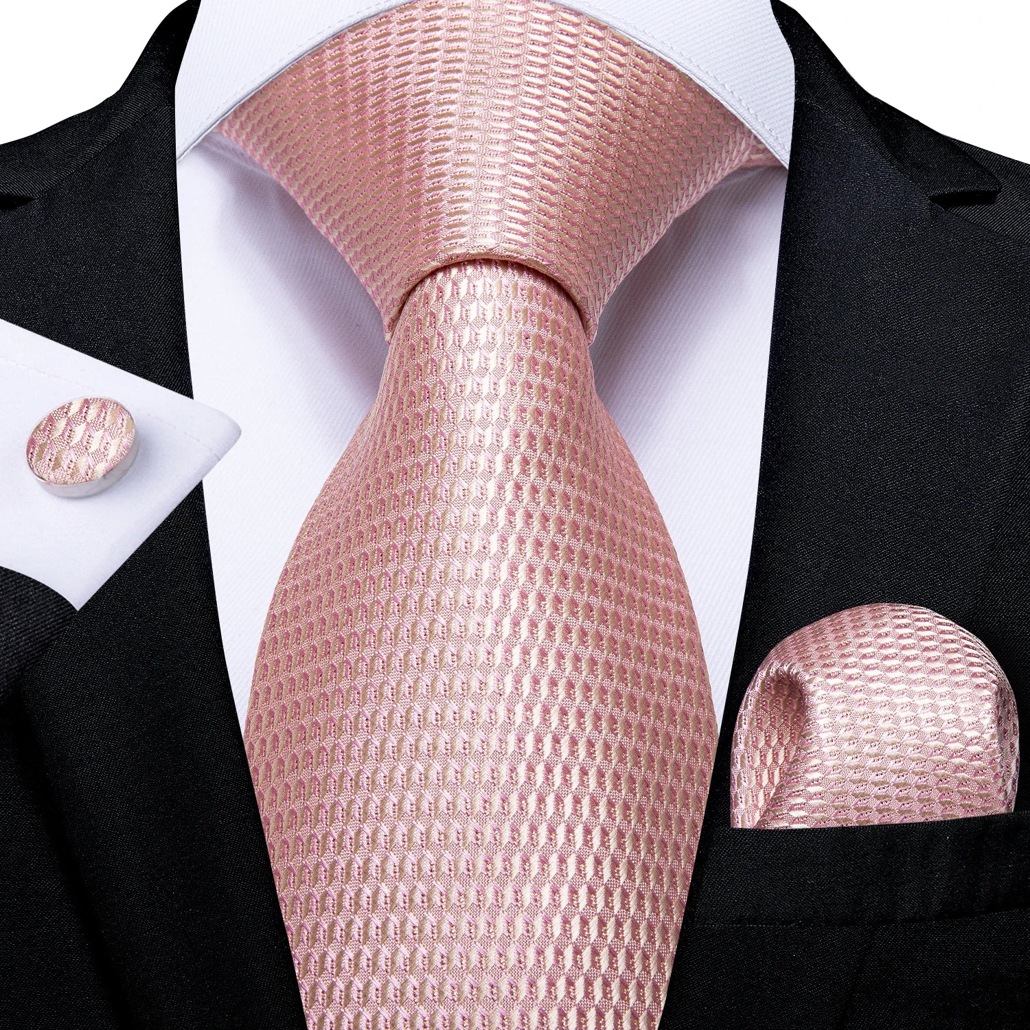 Solid Black Plaid Men's 8cm Polyester Neck Tie Handkerchief Cufflinks Set with Gift Box Tie Clip Birthday Anniversary Gift