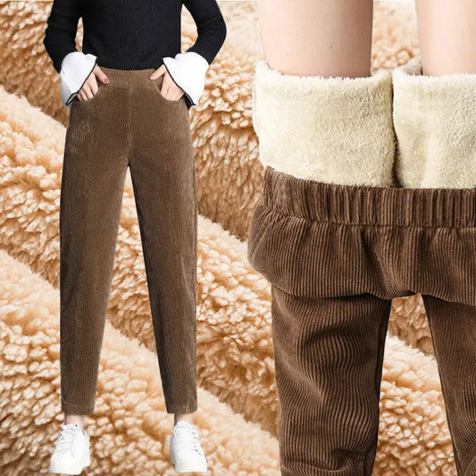 Corduroy Pants Women Winter Plush Lined Wide Leg Relaxed Fit Fleece Insulated Ribbed Trousers Vintage Street Style Leggings