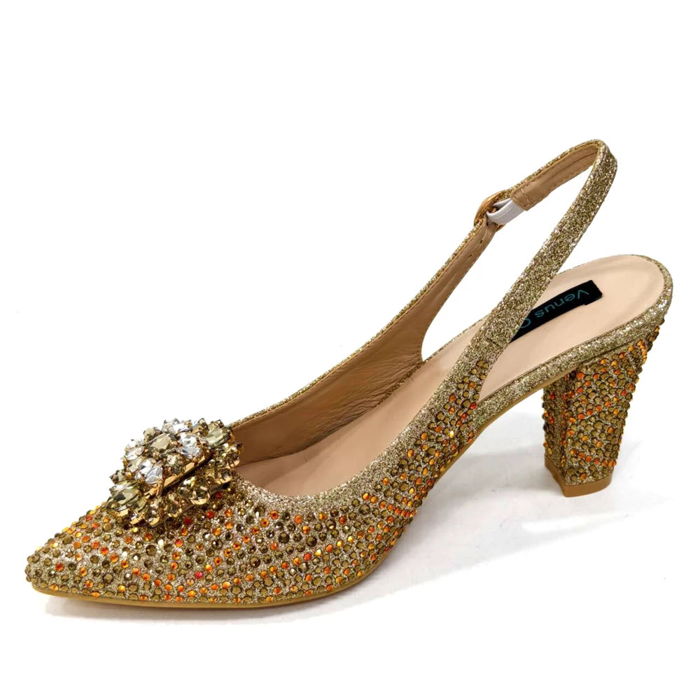 Venus Chan Nigerian Women Heel Party Ladies Italian Design Shoes And Bag Set Decorated with Rhinestone Handbag Wedding Party