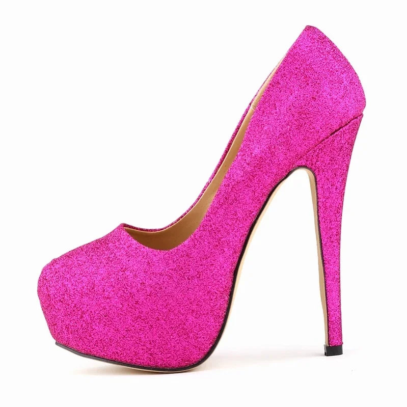 LOSLANDIFEN Sexy Women Pumps Ultra High Heels Glitter Gold Shoes 14cm Platform Round Toe Ladies Wedding Party 817-1Gitter