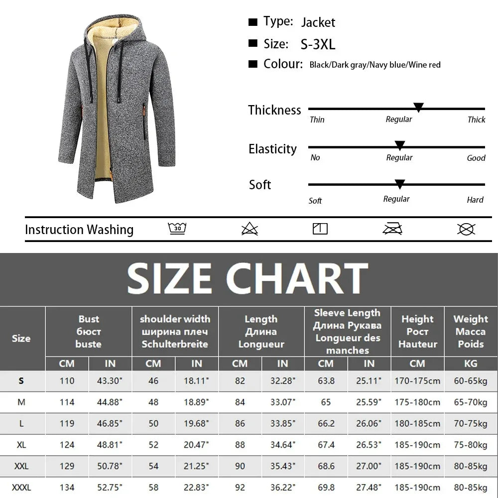 Men's Thickened Overcoat Jackets Winter Warm Zipper Hoodies Long Sleeve Sweatshirts Outdoor Casual Solid Color Streetwear Tops