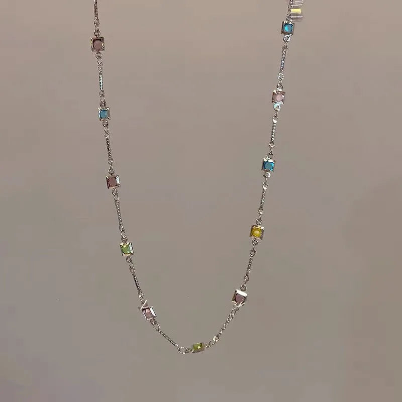Hot Sale Colorful Square Rhinestone Necklace Fashion Exquisite Light Luxury Zircon Clavicle Chain Female Wedding Jewelry Gifts