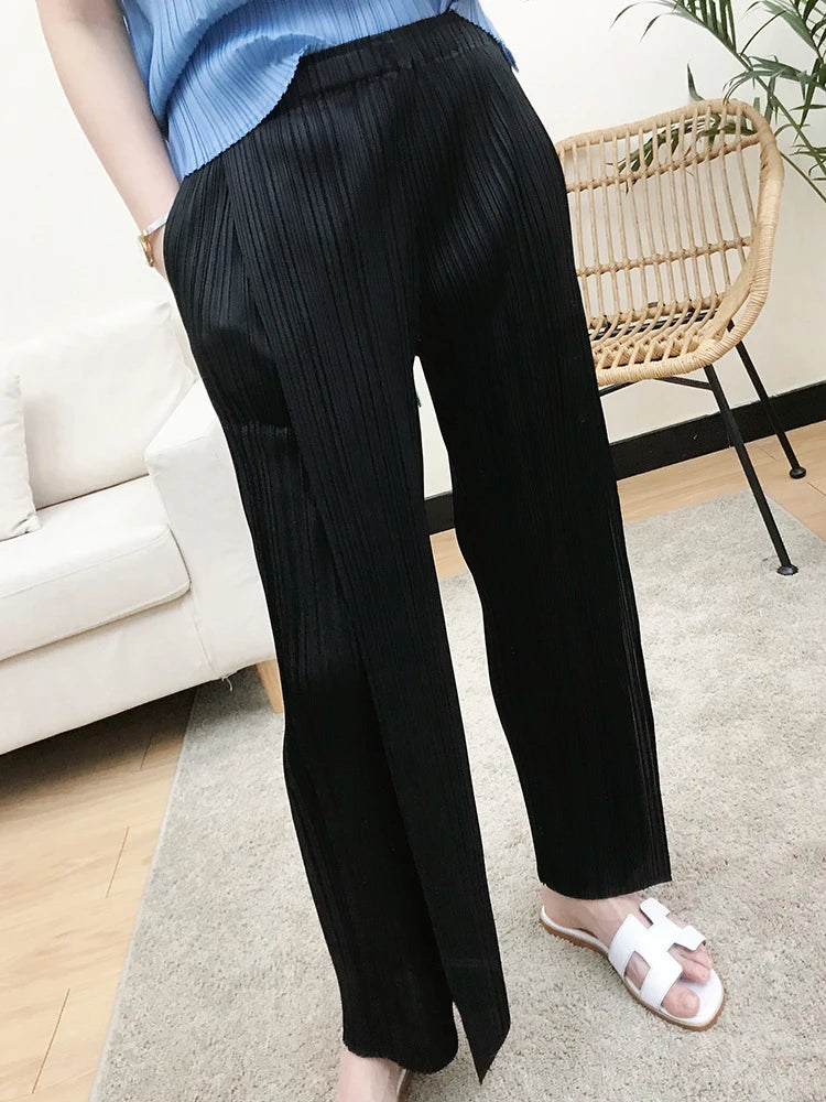 Miyake Pleated Black High Waist Split Side Straight Pants Women Causal Loose Cropped Trousers