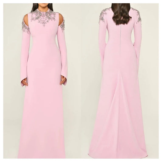 customizedCustomized Formal Pink Jersey Evening Dress Temperament Crew Neck Long Sleeves Party Dress High Quality Straight Celeb