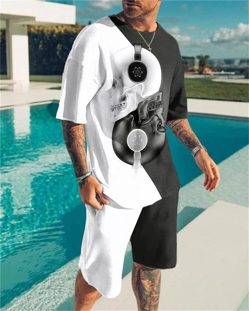 Summer Clothes For Men Vintage Tshirt Shorts 2 Pieces Set Men's Oversized Tracksuit Skull 3D Print Street Men Sets Short Outfits