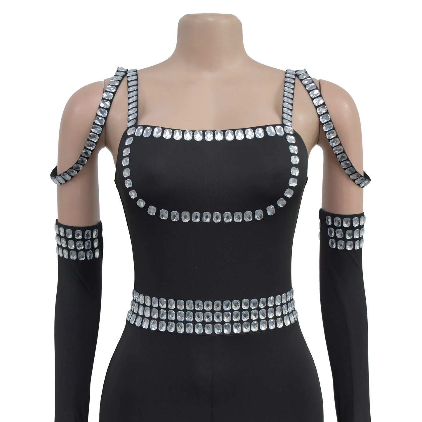 CM.YAYA Women Diamonds Hot Rhinestones Sexy Strap Long Sleeve Jumpsuits Streetwear Club One Piece Overall Rompers with Gloves