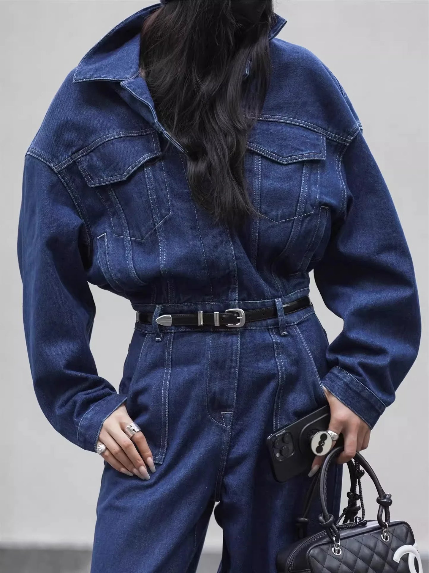 Blue Design Denim Jumpsuit Women'S Spring And Autumn Collar Fashionable Workwear Large Pocket Loose Pants