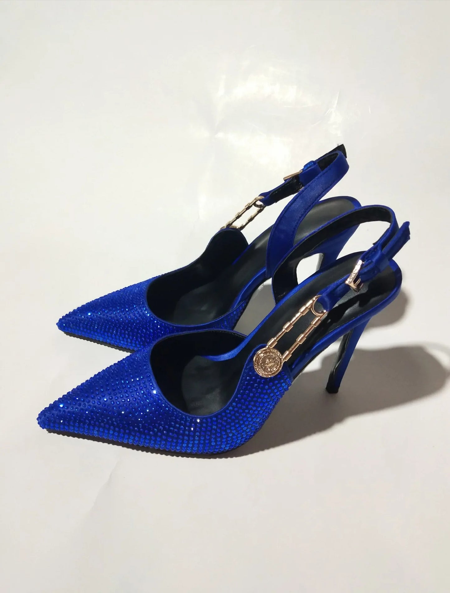 2025Women's Sexy Silk Rhinestone Pumps Belt Buckle Back Hollow Pointed Toe Thin Heel Sandals Pumps Female High Heels Party Shoes