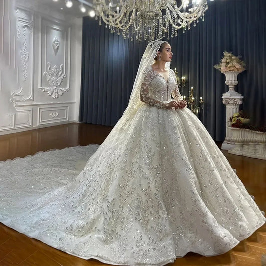 Customized Gorgeous A-Line Long Sleeves Wedding Dress For Women Sequins Appliques Bridal Gown O-Neck Dresses Vestido De Novia