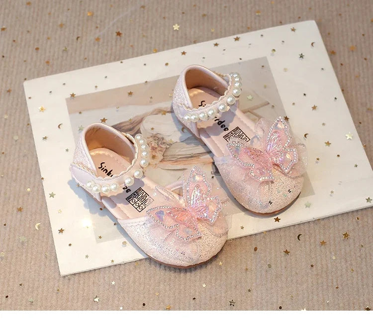 Chic Girls Dress Shoes for Wedding Party Bling Sequins with Rhinestone Butterfly Sweet Princess Chic Kids Flat Shoes Lace Beaded