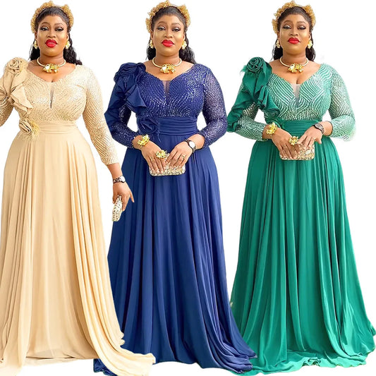 Plus Size African Party Dresses for Women 2025 New Fashion Dashiki Ankara Wedding Evening Gown Elegant Turkey Muslim Maxi Dress