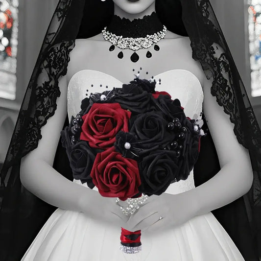 Yannew Black Burgundy Gothic Bridal Bouquets for Bride Bridesmaids Artifiicial Silk Foam Roses Flower Wedding Bouquet Halloween