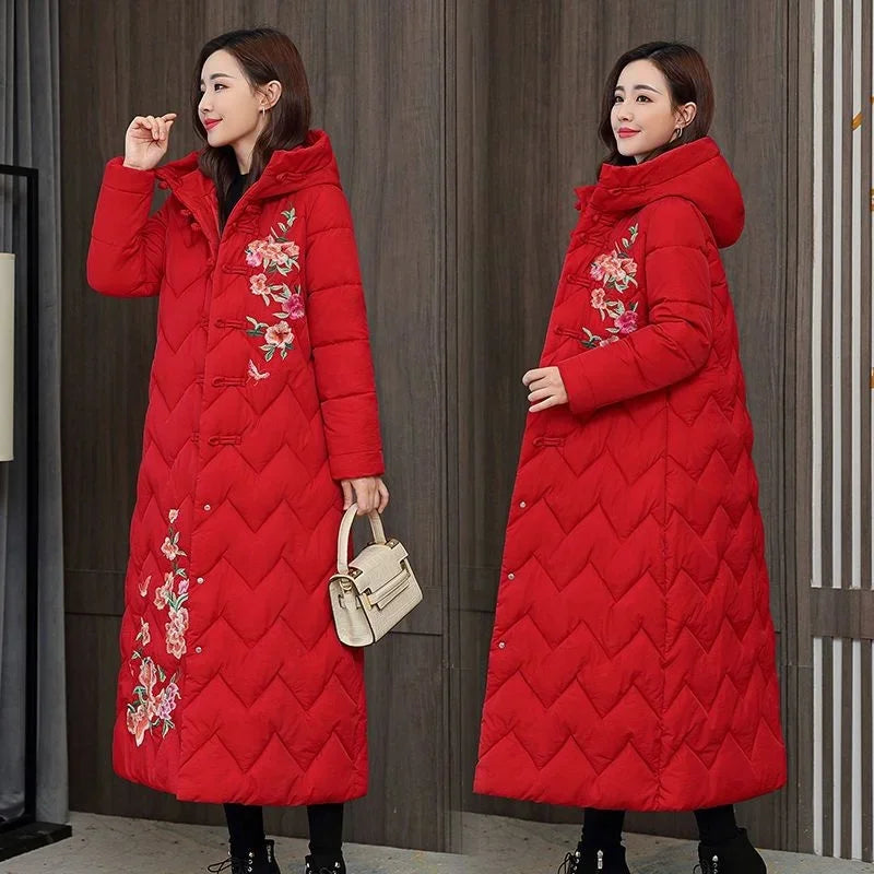 Winter Down Cotton Padded Women Chinese National Style Embroidered Long Outwear Thickened Warm Hooded Parkas Coat Female