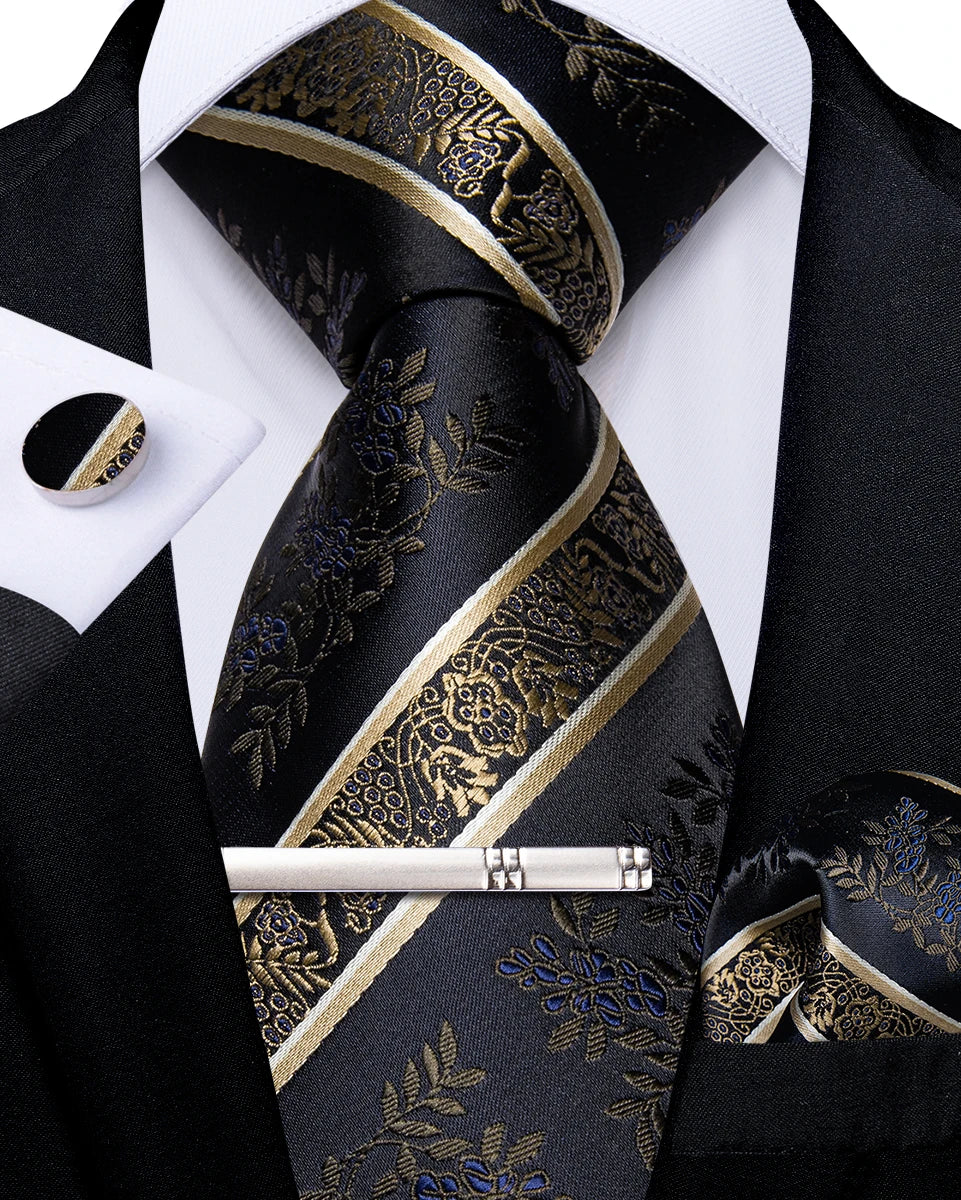 Men's Tie Set with Clip Luxury Retro Striped Floral 8cm Necktie Handkerchief Cufflinks Wedding Party Business Accessories Gift