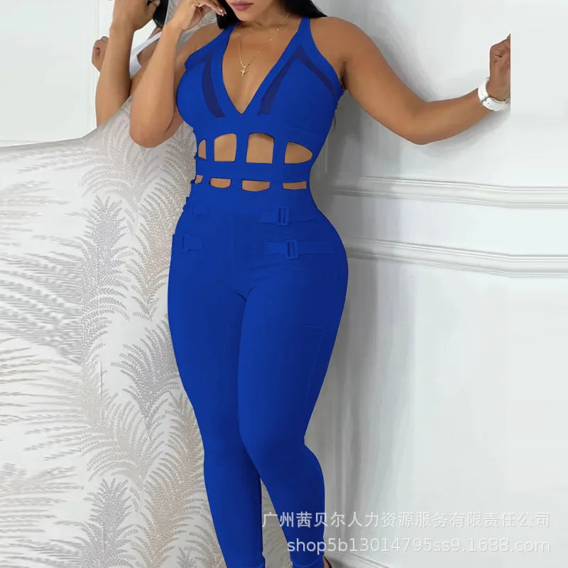 Women's Jumpsuit 2025 Summer New Sleeveless New Fashionable Hollow Camisole Buckle Comparison Mesh Tight Jumpsuit