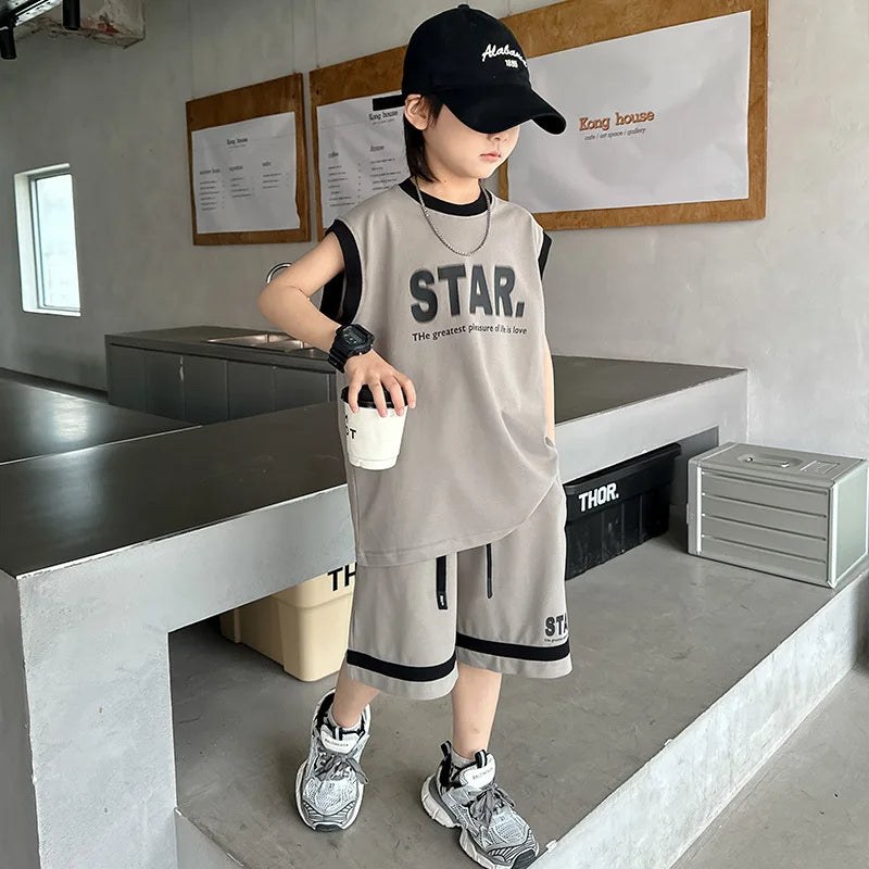 Summer 5-10 Years Old Boys' Sportswear Set 2025 Casual Loose Sleeveless Outfit | Trendy 2Pcs Clothing Letters Kids' Outfit