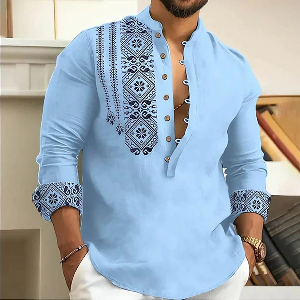 Men Long Sleeve Button-Down Shirt Blouse Loose Henley V-Neck Beach Tops T Shirts