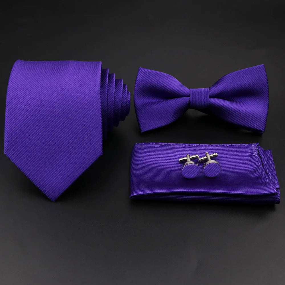 Hot Sale Red Blue Tie Set Polyester Slim Striped Necktie Bowtie Cufflink Brooch For Groom Suit Wedding Cravat Shirt Accessory