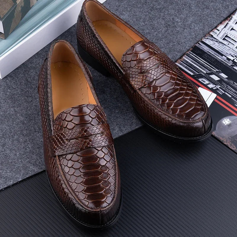 Men's Snake Pattern Penny Loafers – Handcraft Business Leather Shoes