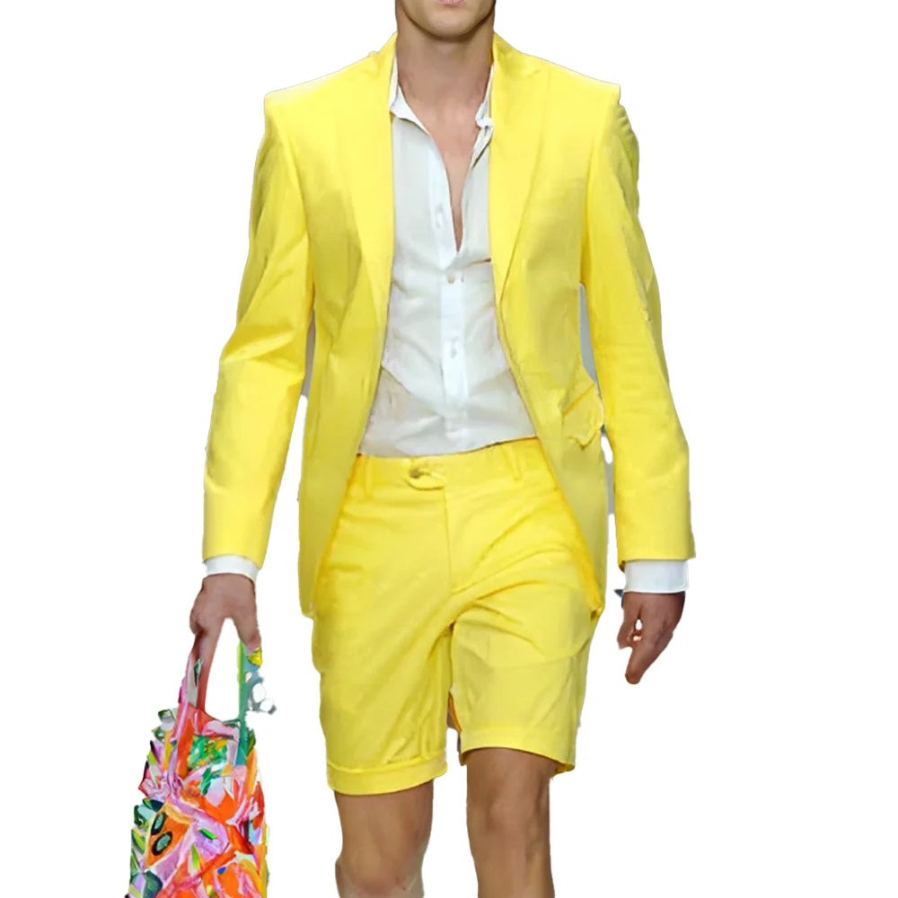 Fashion Yellow Suit for Mens Summer Jacket Shorts Suit 2 Piece Set Wedding Groom Tuxedo Formal Blazer Customized