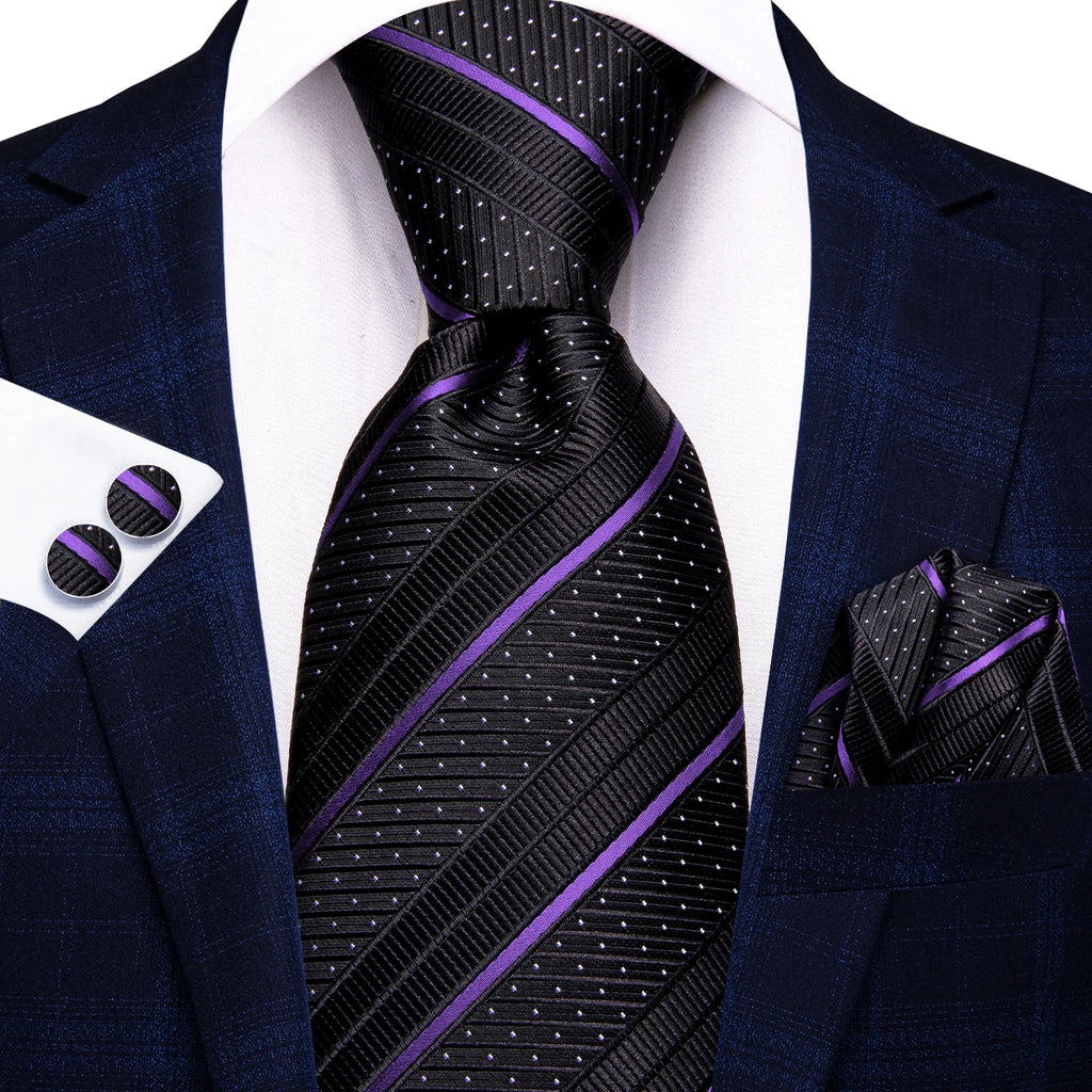 Hi-Tie Striped Black Purple Red Green Men Elegant Necktie Hanky Cufflinks for Tuxedo Fashion Classic Silk Luxury Tie for Man
