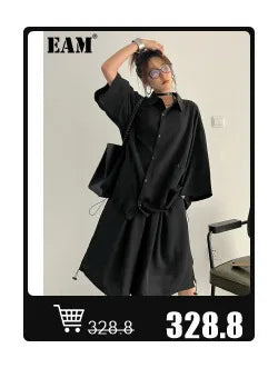 EAM Gray Spliced Pleated Personality Blazer Women New Lapel Long Sleeve Loose Fit Jacket Fashion Tide Spring Autumn 2025 30A1252