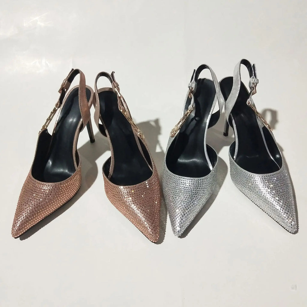 2025Women's Sexy Silk Rhinestone Pumps Belt Buckle Back Hollow Pointed Toe Thin Heel Sandals Pumps Female High Heels Party Shoes
