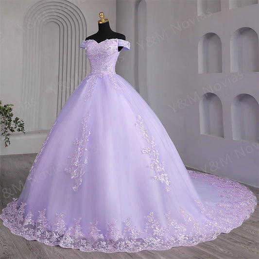 Customized Color Sweet 16 Dress Pink Off Shoulder Plus Size Vestido De Noiva Purple Quinceanera Dress Ball Gown Flower Women