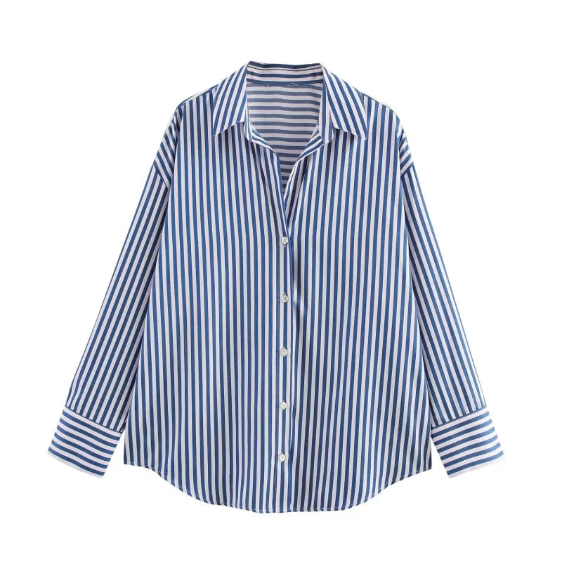 Traf 2025 women's spring new Europe-American fashion striped long sleeve lapel loose version poplin shirt multi-color selection