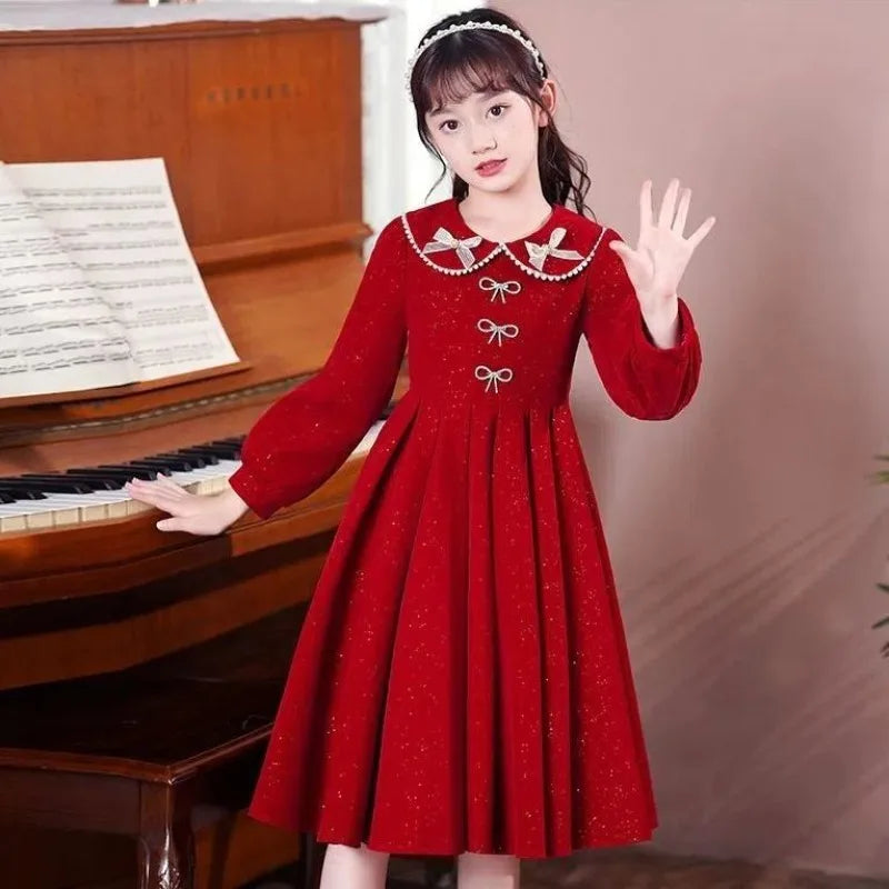 Girls' 2025 Spring New Arrival Long Sleeve Sweet Princess Gown - Trending Chic Dress for Big Kids 4-12 Years Old