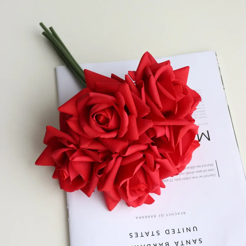 5Heads Curled Edge Rose Bouquet Real Touch Artificial Flowers Rose Wedding Bridal Bouquet Party Festival Home Decor Fake Flowers
