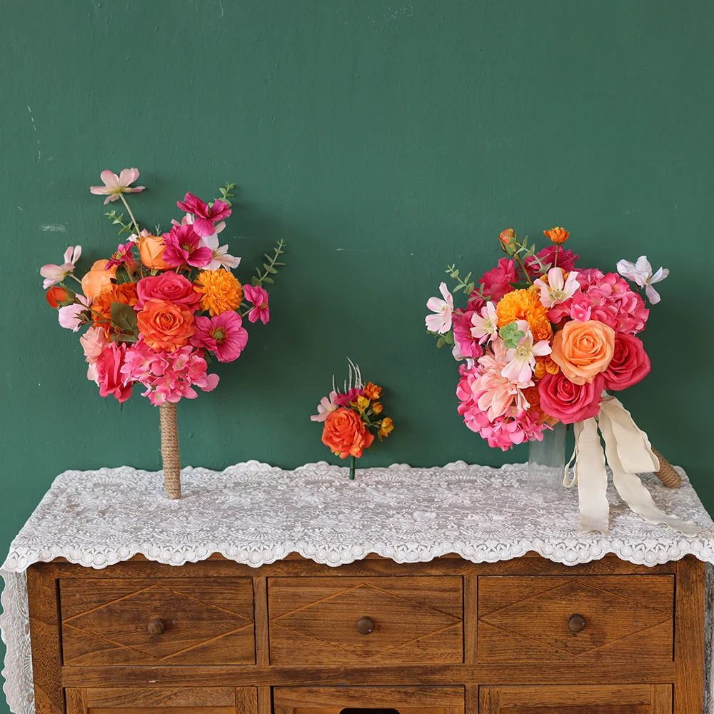 Flowers Artificial Decoration Orange Pink Series Rose Greens Floral Arrangement Bridal Bouquet for Wedding Event Decor J2601