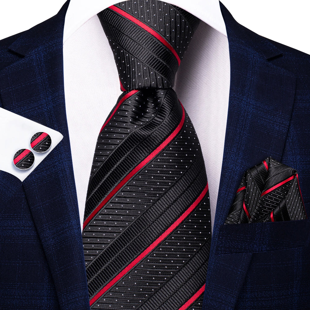 Hi-Tie Striped Burgundy Blue Black Men Elegant Necktie Handkerchief Cufflinks 3PCS Set Fashion Classic Silk Luxury Tie for Man