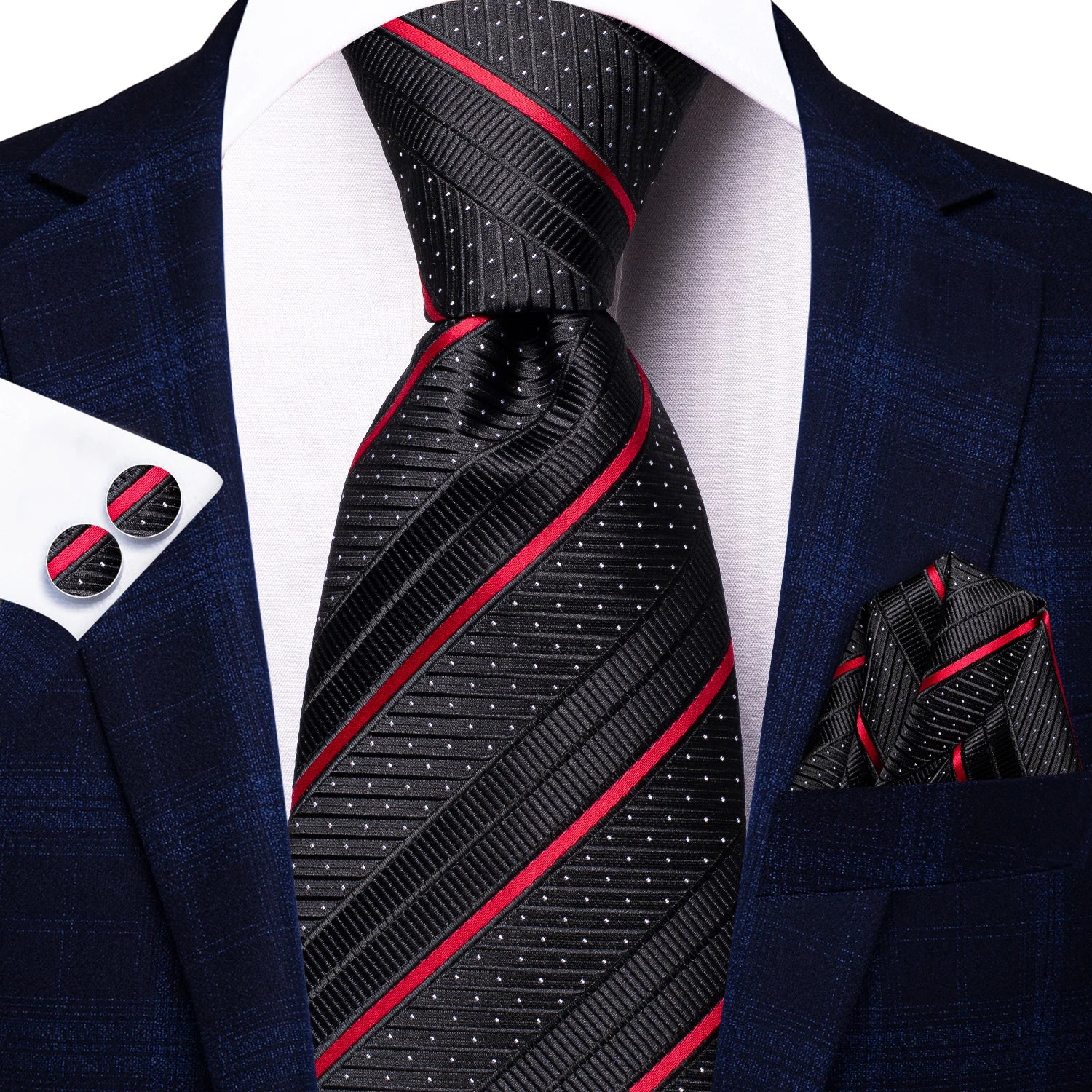 Hi-Tie Striped Burgundy Blue Black Men Elegant Necktie Handkerchief Cufflinks 3PCS Set Fashion Classic Silk Luxury Tie for Man