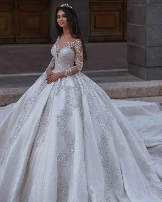 Customized  Deep V Neck Full Beaded Sequins  Wedding Dress Cathedral Train Long Sleeves Vestido De Casamento Bridal Gowns