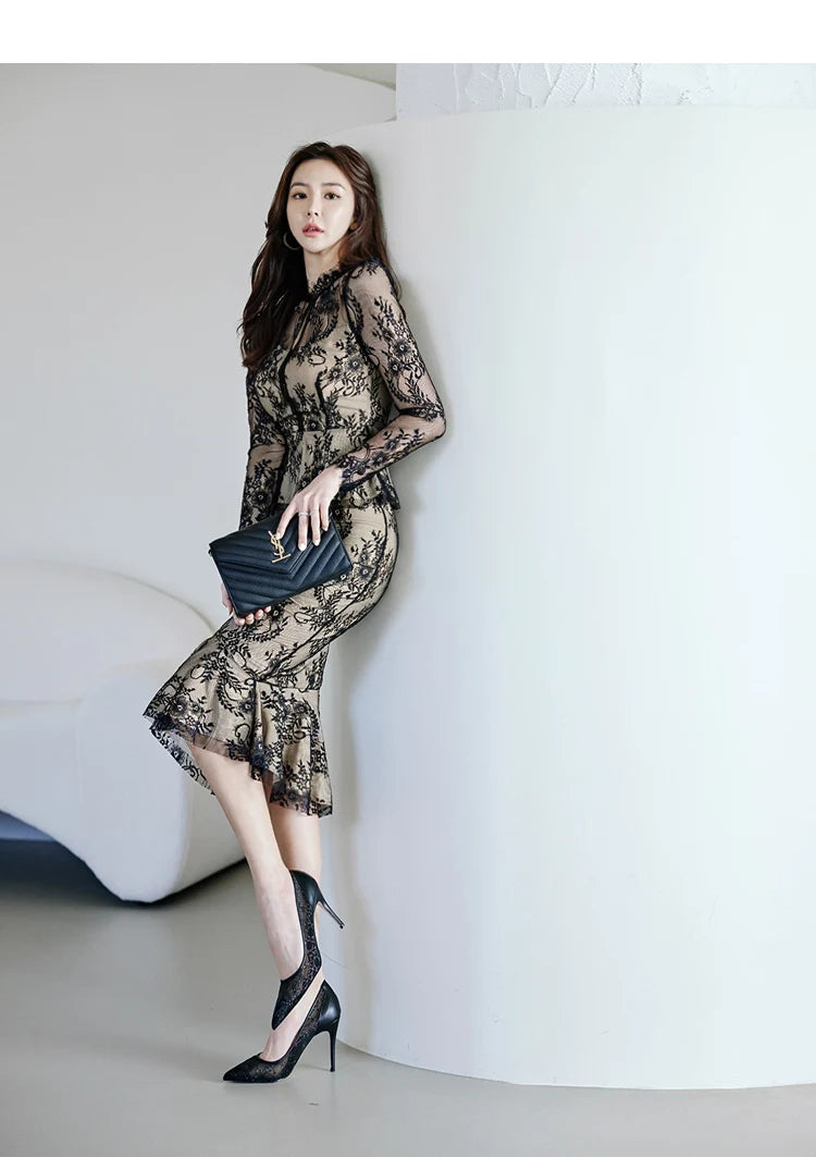 Spring Professional Woman Lace 2 Pieces Set Simple Tops + Vintage High Waist Mermaid Skirt Korean Skirts Suits