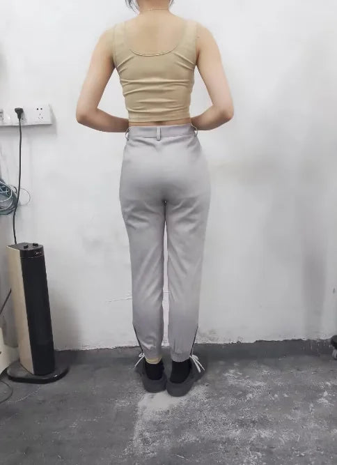 Winter Women's Work Pants 2024 Zipper Fly High Waist Piping Buttoned Pocket Slim Fit Work Elastic Waist Cuffed Pencil Trousers