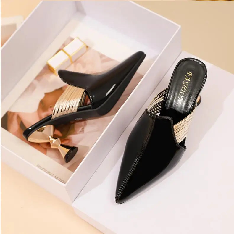 Women Sandals Wedding Party Strange Heels Mules Fashion Rhinestone Slippers Quality PU Pumps Shoes Woman