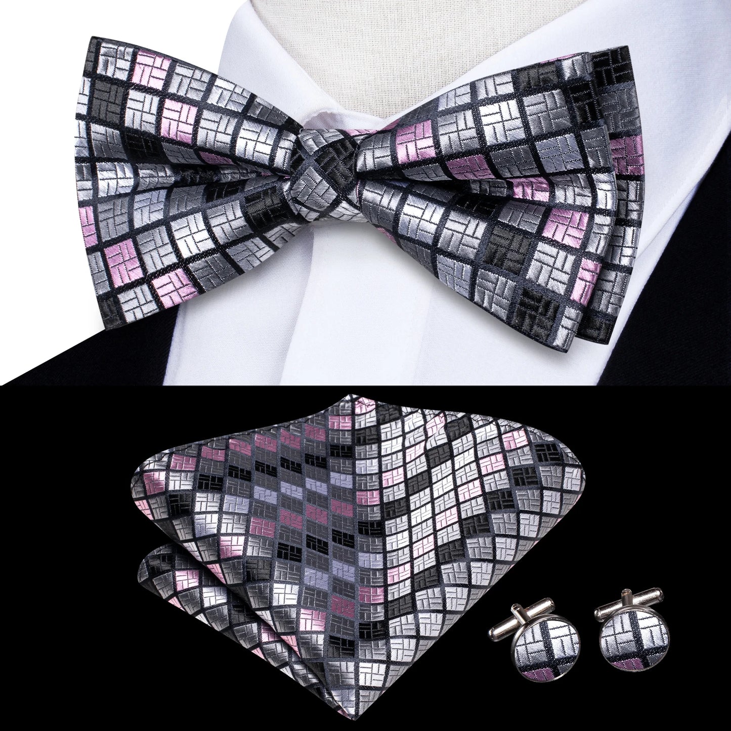 Hi-Tie Pink Dot Silk Mens Pre-tied Bow Tie Hanky Cufflink Set Dusty Pink Butterfly Knot Bowtie for Male Wedding Business