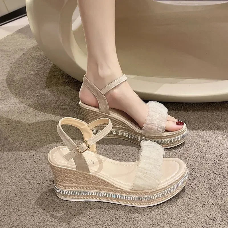 Sandals for Women Wedges Heel Rhinestones Woman Shoes Anti Slip Hot 2025 Luxury Vip Comfort Sandal Comfortable and Elegant Shoe