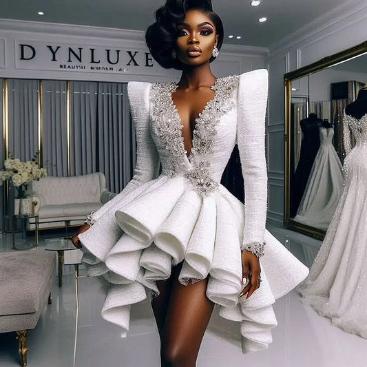 African  Women Prom Dresses With Deep V Neck Lace Appliques Beads Ruffles Evening Dress vestidos de fiesta Girls Birthday Gowns