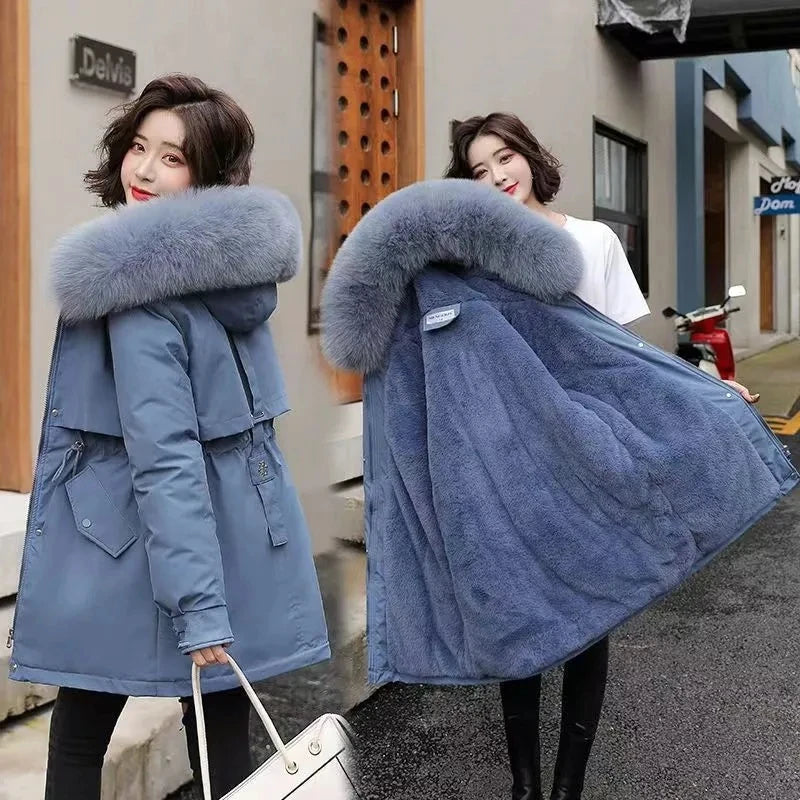 2025 Winter New Korean Edition Loose Thicken Cotton Jacket Women's Big Fur collar Hooded Coat Female Casual Warm Parker Overcoat