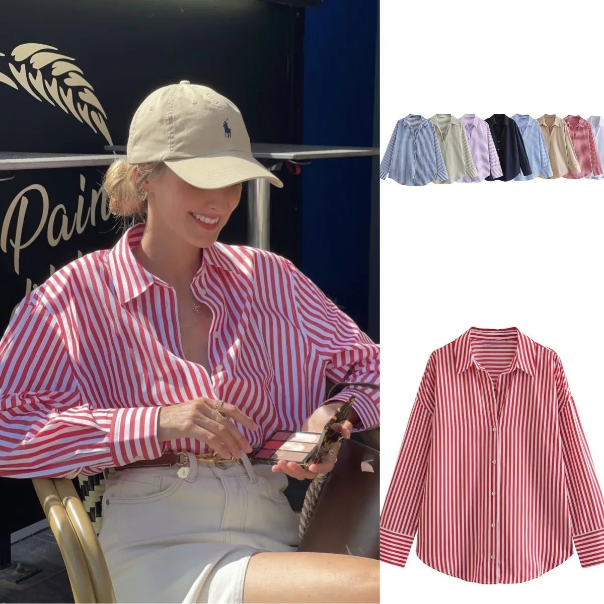Traf 2025 women's spring new Europe-American fashion striped long sleeve lapel loose version poplin shirt multi-color selection