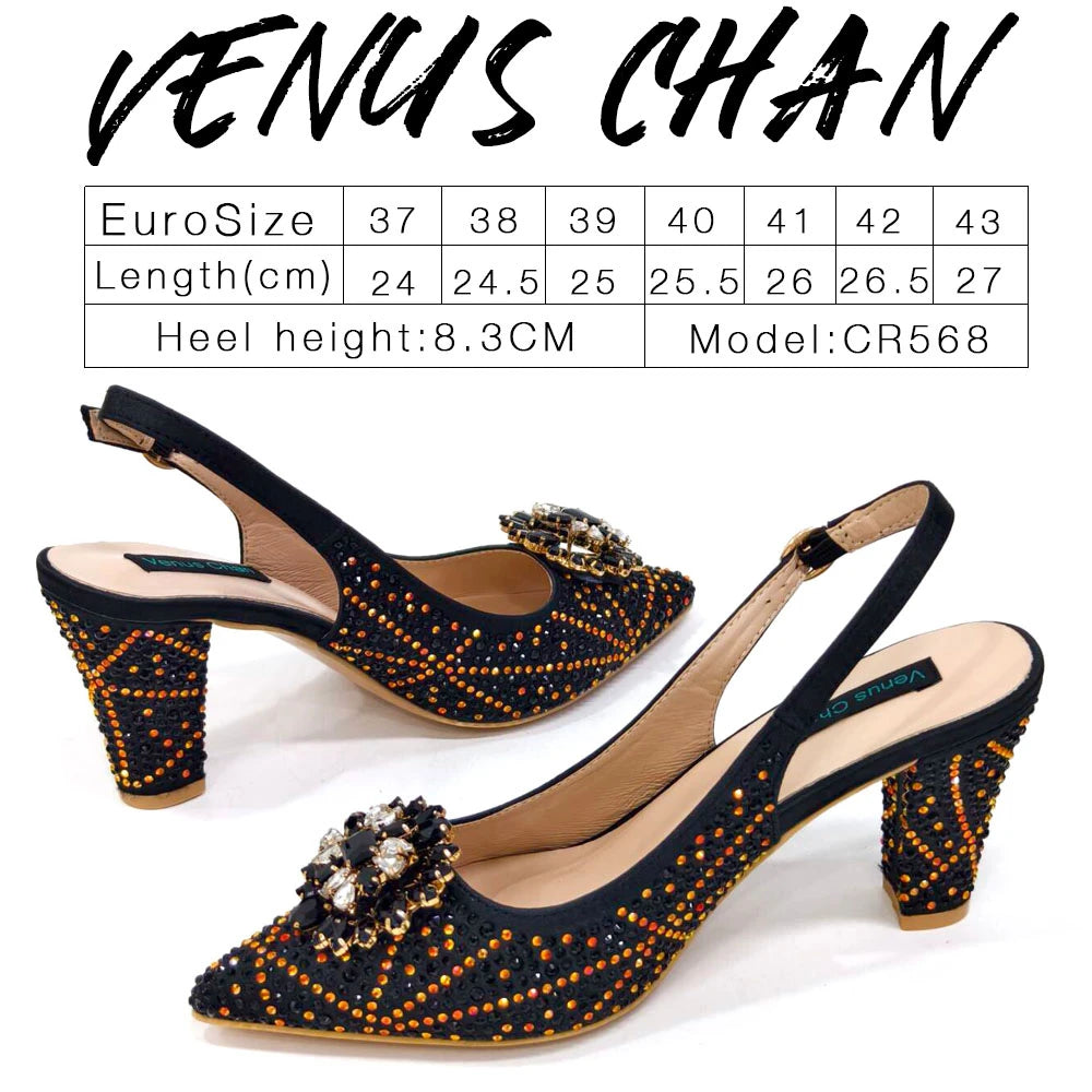 Venus Chan Nigerian Women Heel Party Ladies Italian Design Shoes And Bag Set Decorated with Rhinestone Handbag Wedding Party