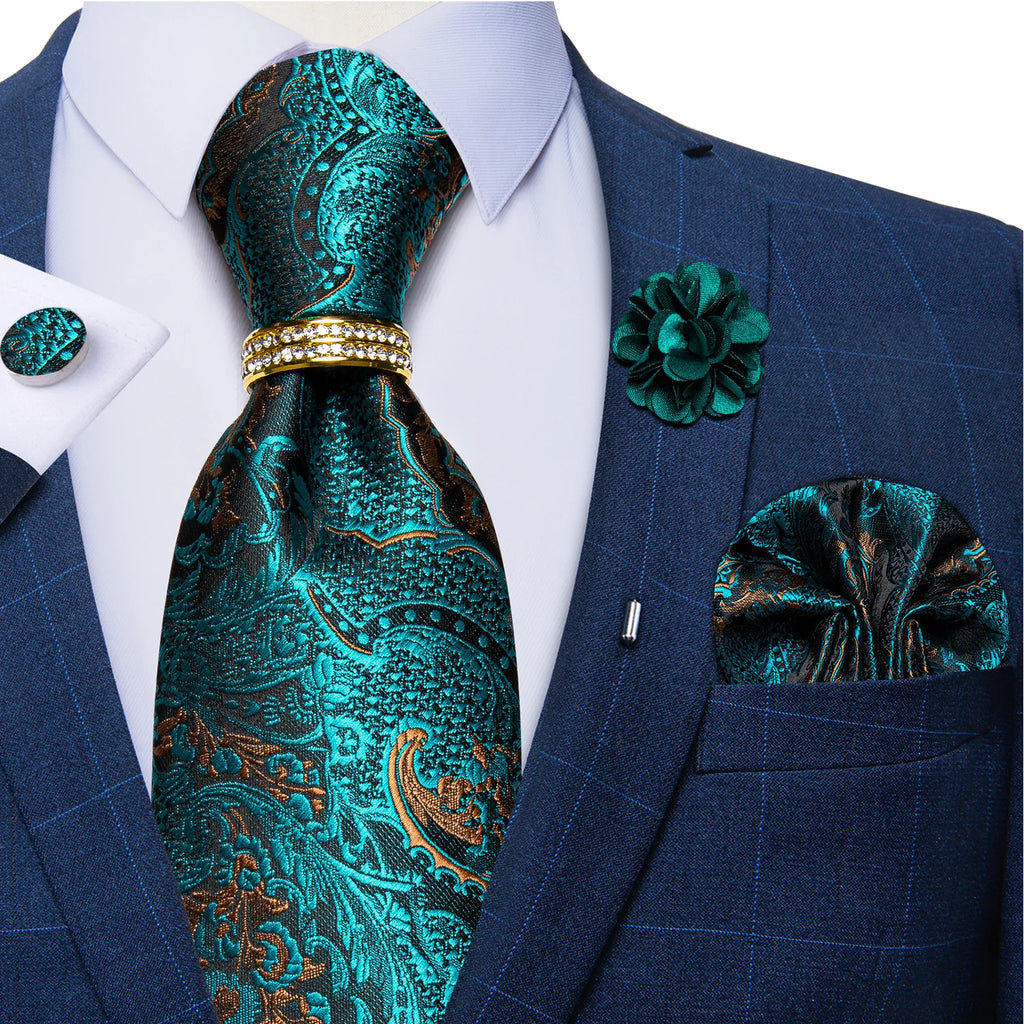 New Designer Blue Red Paisley Ties For Men Wedding Party Neck Tie Luxury Tie Ring Brooch 100% Silk Tie Set Gift For Men DiBanGu