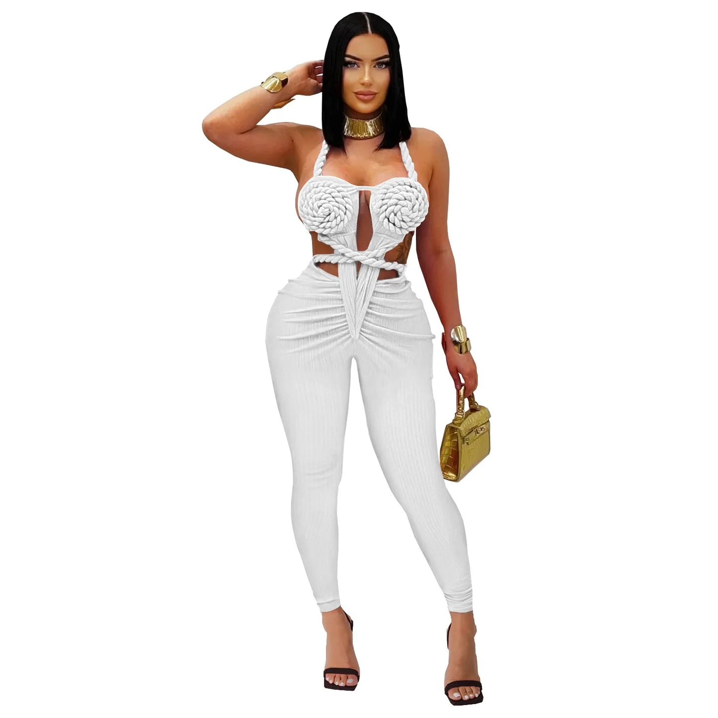 GLCMYAYA Women Halter Neck Knit Ribbed Ruched Stacked Jumpsuits 2025 Summer Vacation Beach Romper Playsuit One Piece Set Outfits