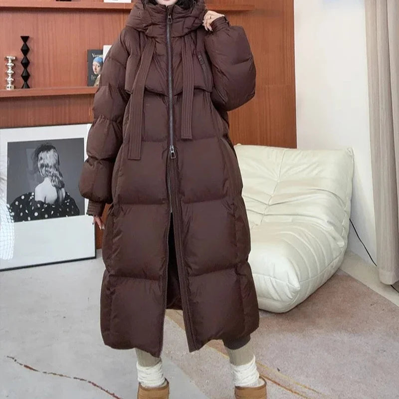 EVNISI Women Casual Thicken Warm Hooded Down Coat Lady Office Parkas Long Sleeve Zipper Pocket Long Coat Fall Winter Down Coat
