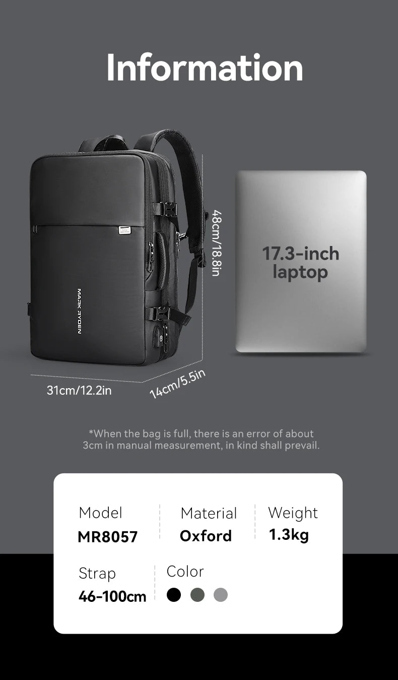 MARK RYDEN Large Travel Backpack Men Multi-functional 39L Expandable Airline Approved 17.3inch Laptop Backpack Ykk Zipper